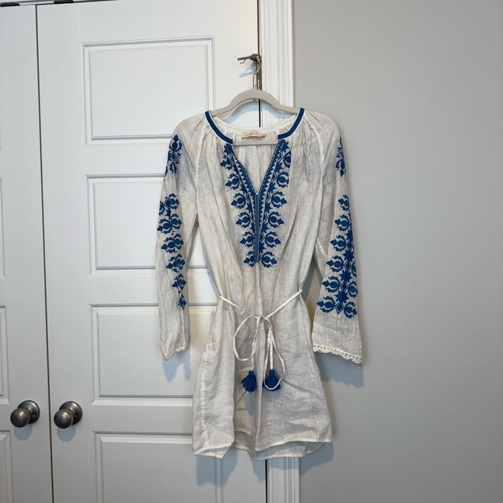 Tory Burch Cream and Blue Embroidered Top